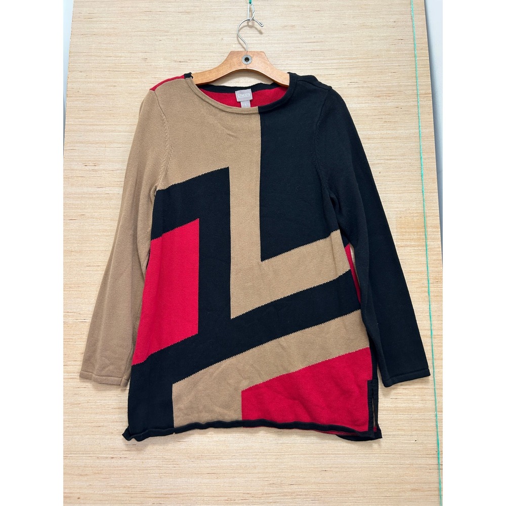 Chicos Geometric Colorblock Sweater Red Tan Black Long Sleeve Crew Neck Size 1